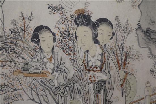 Japanese School, watercolour on paper, Woman and attendants in a garden, 30 x 22cm
